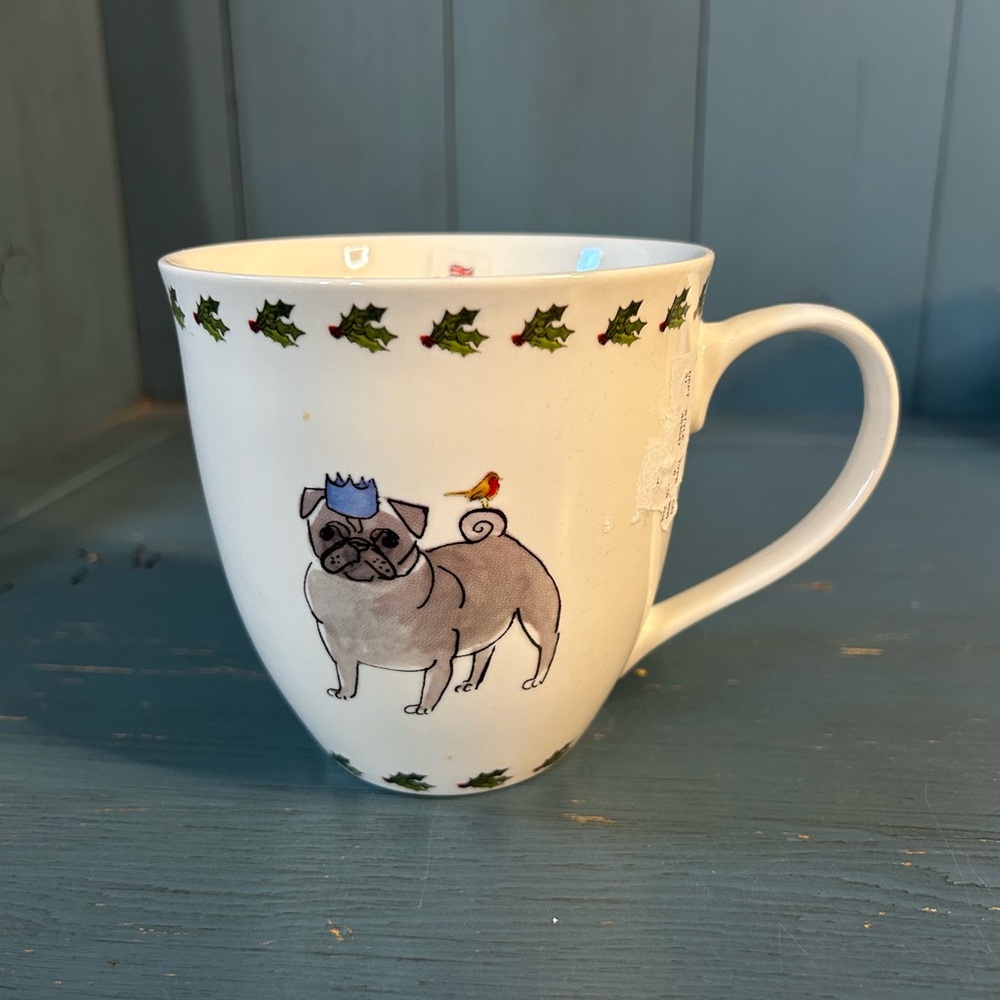 Milly Green Festive Pug Holiday Mug - White with Holly Accents (New)
